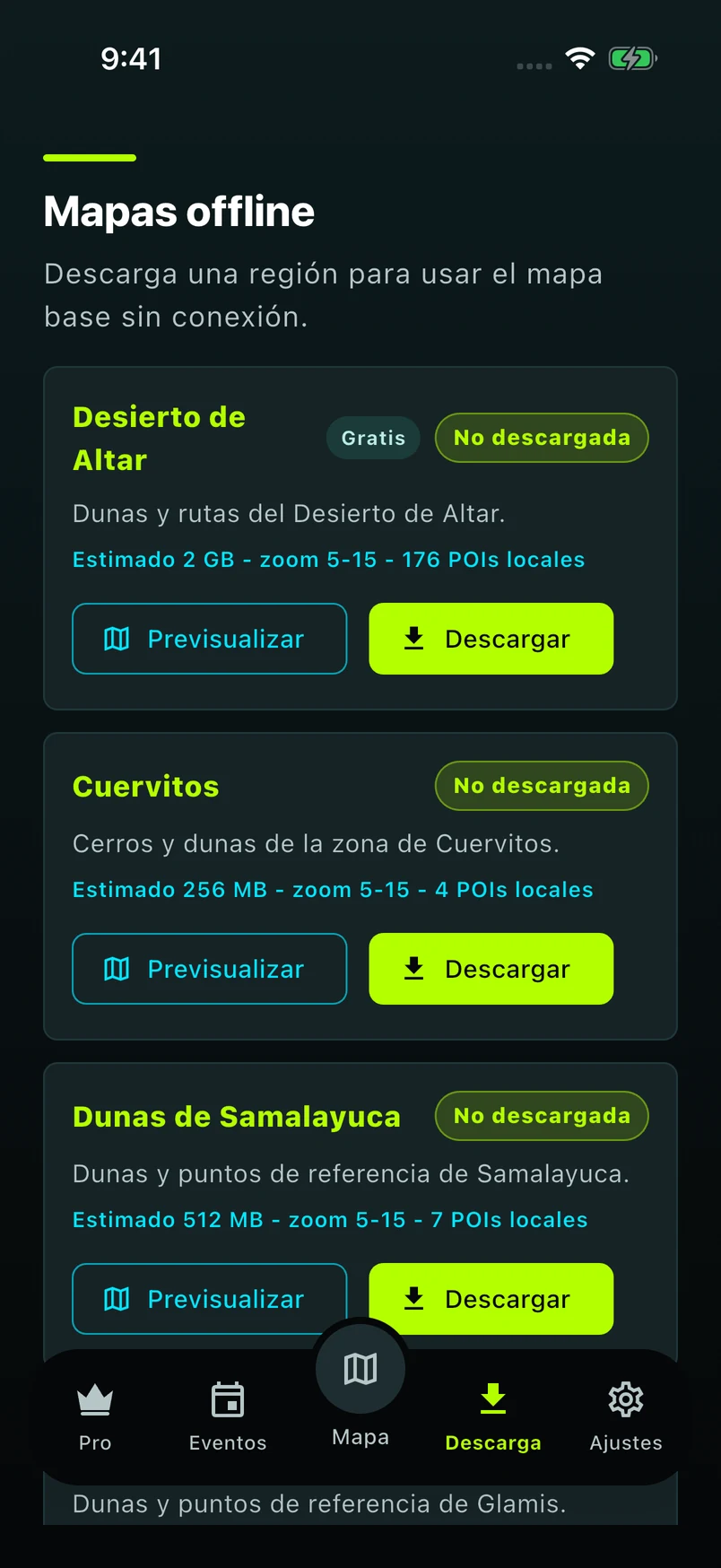Captura real: pantalla Mapas offline con Desierto de Altar gratis y botón Descargar
