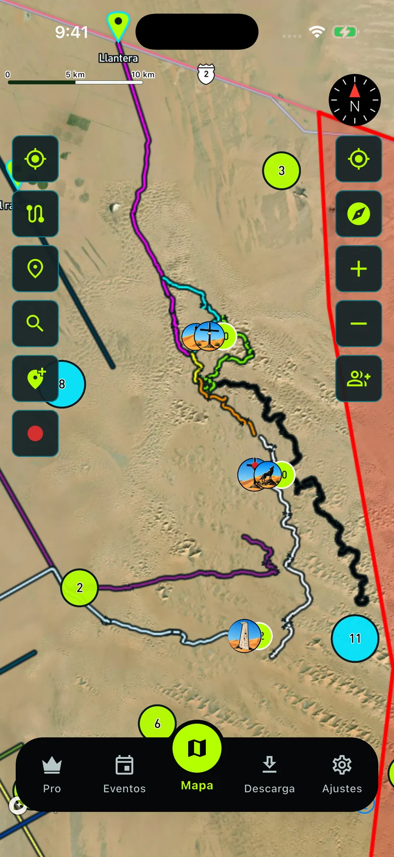 Captura real de la app: mapa satelital del Desierto de Altar con rutas y puntos de interés