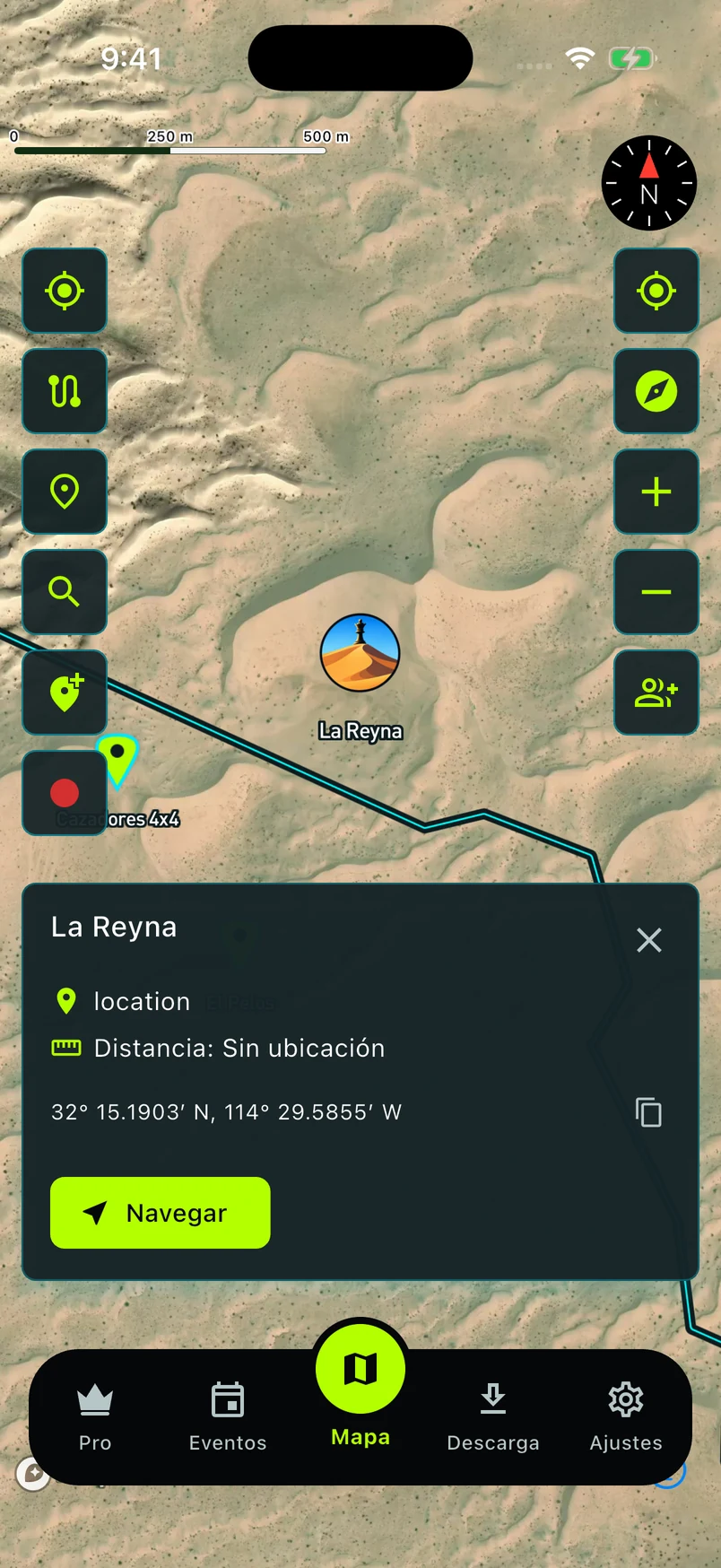 Captura real: La Reyna en el mapa, coordenadas y botón Navegar